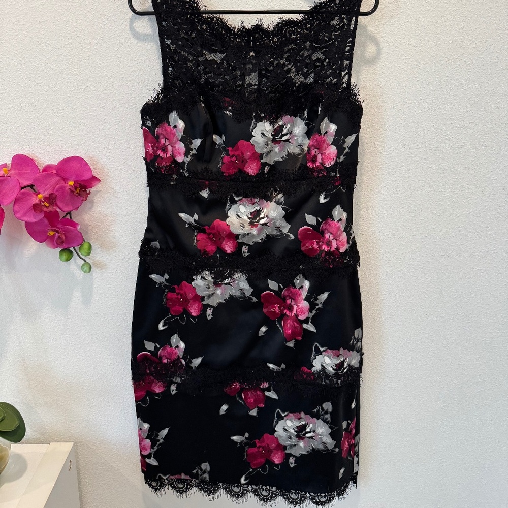 White House Black Market Sleeveless Sheath Dress Black with Floral Lace Print 10